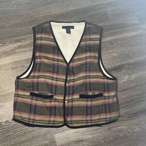 Santana Sherpa Lined Vest‎ Plaid Retro Size XL Snap Buttons